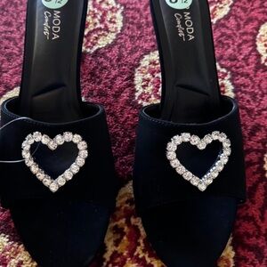 Heart cut out mules y2k style rhinestone black little heel shoes
